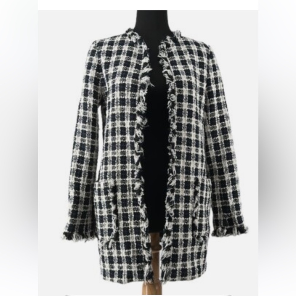 Zara Monochrome Plaid Fringe Cardigan
